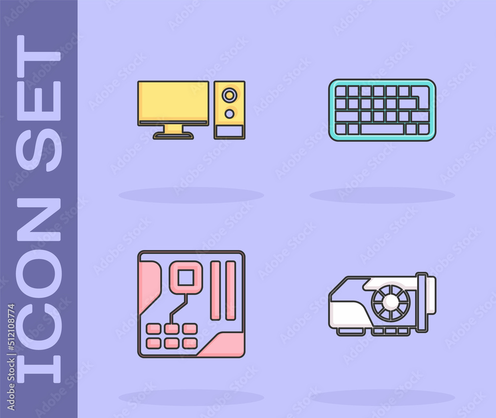 Set Video graphic card, Computer monitor, Motherboard digital chip and Keyboard icon. Vector Set Video graphic card, Computer monitor, Motherboard digital chip and Keyboard icon. Vector