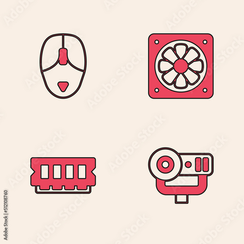 Set Web camera, Computer mouse, cooler and RAM, random access memory icon. Vector