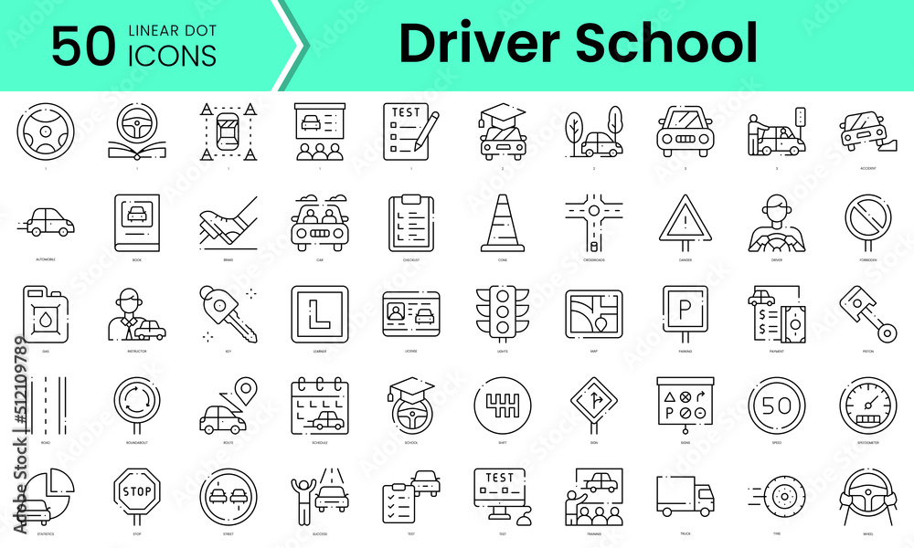 driver school Icons bundle. Linear dot style Icons. Vector illustration