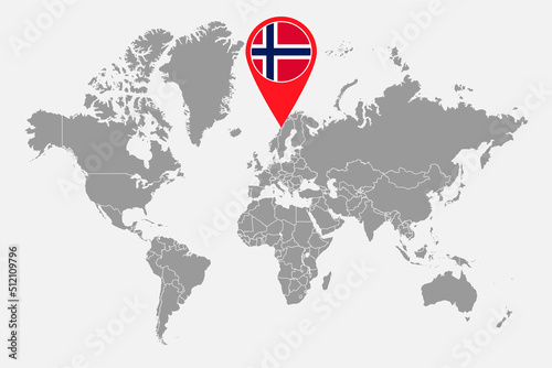 Fototapeta Naklejka Na Ścianę i Meble -  Pin map with Norway flag on world map. Vector illustration.