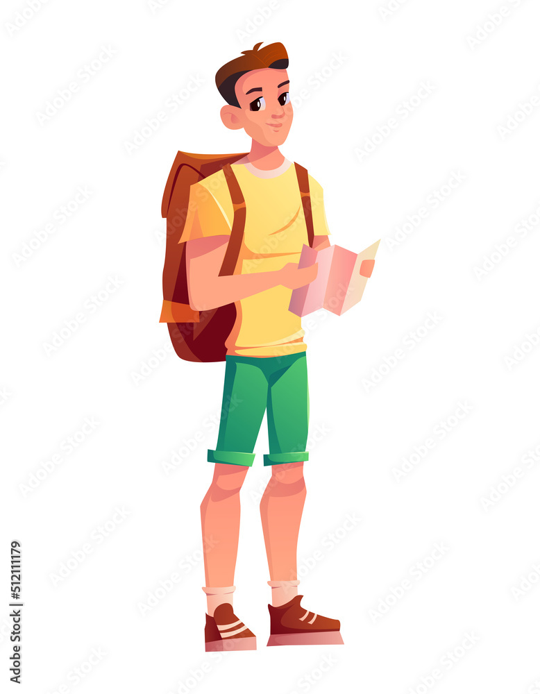 Tourist with a backpack and map isolated on a white bacground. Man in tourist clothes is engaged in hiking, backpacking trip. Vector cartoon character illustration.