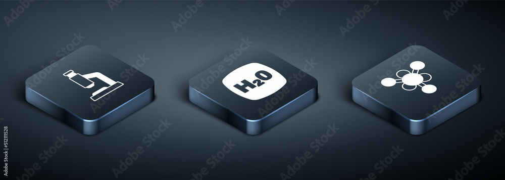 Set Isometric Microscope, Molecule and Chemical formula H2O icon. Vector Set Isometric Microscope, Molecule and Chemical formula H2O icon. Vector