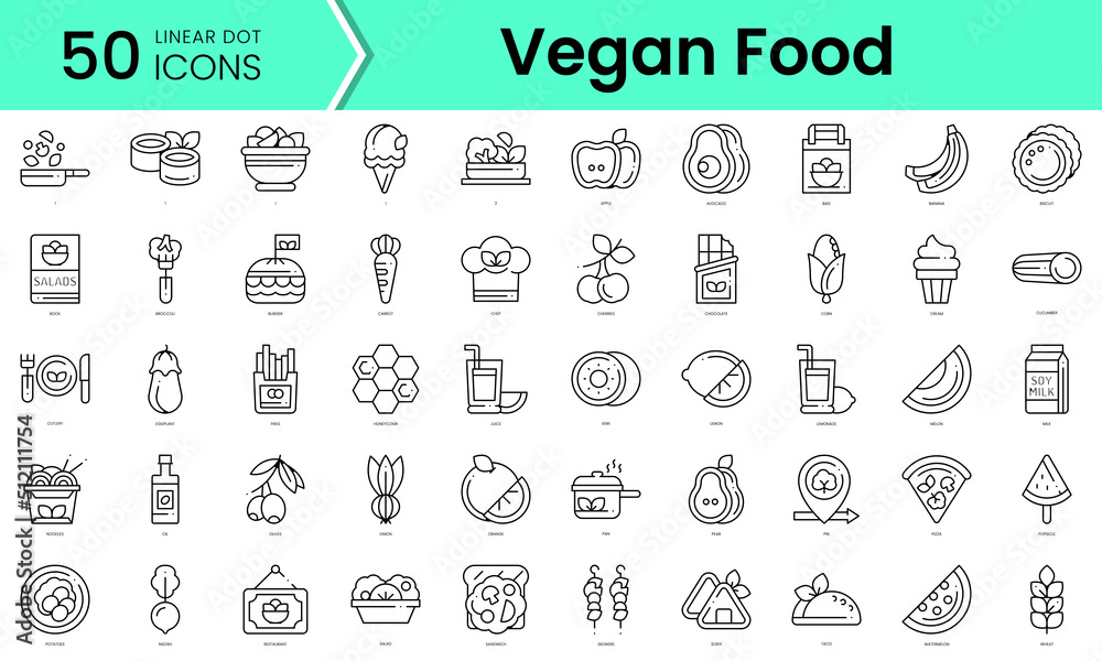vegan food Icons bundle. Linear dot style Icons. Vector illustration
