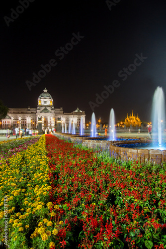 Royal winter festival,Oon Ai Rak Klay Kwam Nao,at Royal Plaza,Dusit Palace and Sanam Suea Pa,Bangkok,Thailand on February16,2018:Anantasamakhom Throne Hall and beautiful fountains. photo