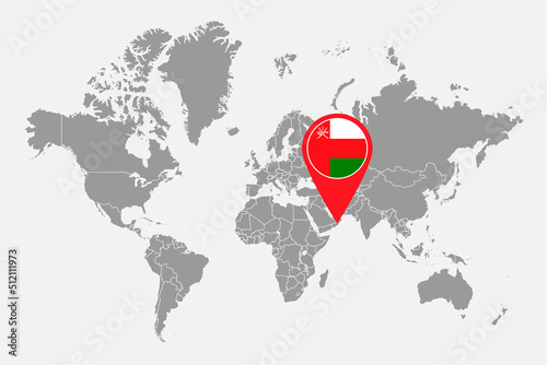 Pin map with Oman flag on world map. Vector illustration.