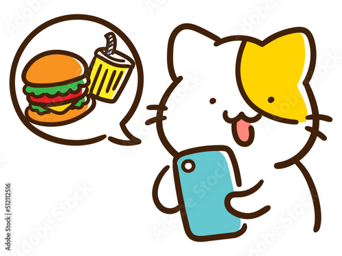 オンラインで食べ物を注文するかわいいねこのデフォルメイラスト