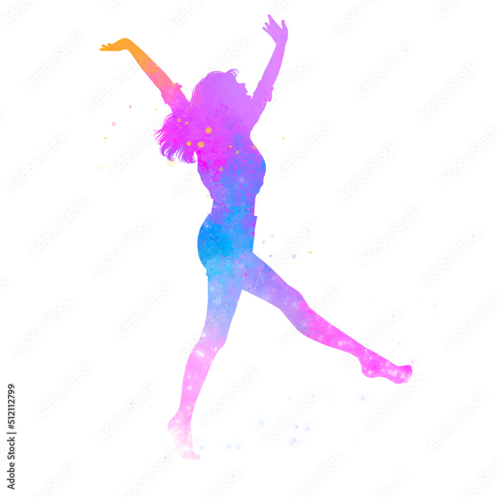 Watercolor of  woman jumping into the air isolated on white background with clipping path. Self-care concept.