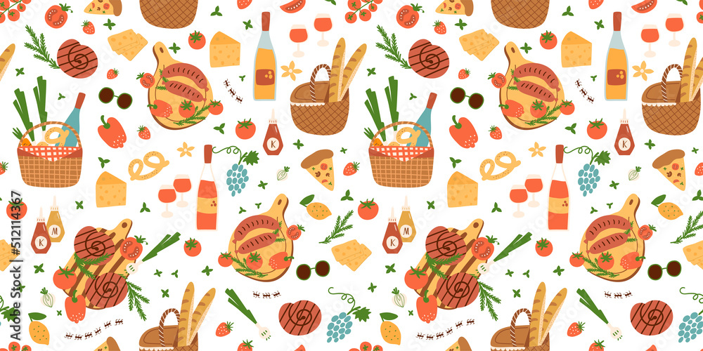 Summer picnic pattern. Vector picnic baskets with food seamless pattern, picnic background, summer outdoor print, wallpaper, kitchen tablecloth, food illustration design. Picnic party poster, banner. Summer picnic pattern. Vector picnic baskets with food seamless pattern, picnic background, summer outdoor print, wallpaper, kitchen tablecloth, food illustration design. Picnic party poster, banner.