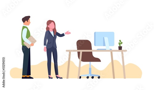 Businesswoman showing workplace to new employee. Office people communication. Woman pointing to work furniture. Workspace with desk and computer. Manager recruitment. Vector concept