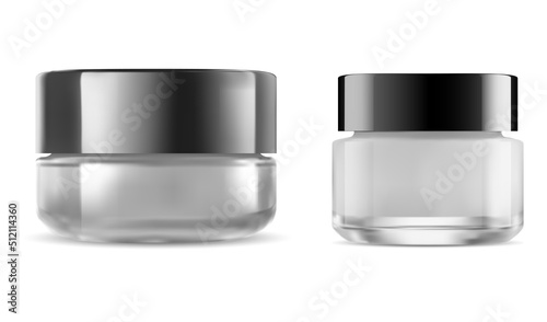 Glass cosmetic cream jar. Face beauty cream bottle mockup with cap. Facial makeup powder round packaging with lid. Realistic scrub product design, skin gel or scrub, facial care