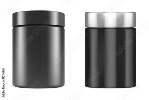 Protein bottle mockup. Plastic whey powder jar, isolated package. Cylinder supplement container with lid, round packaging design, sport nutrition shake powder template. Bodybuilding capsule