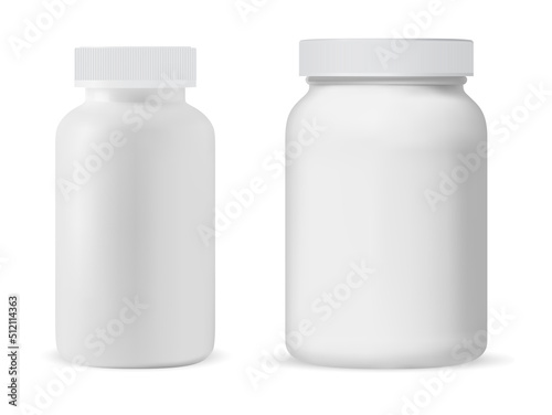 White medicine pill bottle blank mockup. Supplement tablet jar, medical capsule product template. Pharmacy remedy pack sample mock up, realistic design