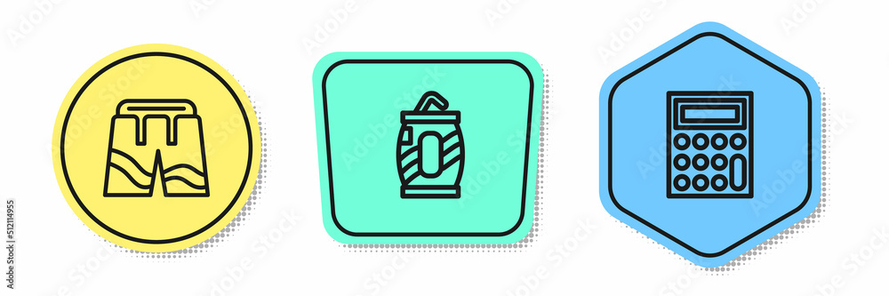 Set line Short or pants, Soda can with straw and Calculator. Colored shapes. Vector Set line Short or pants, Soda can with straw and Calculator. Colored shapes. Vector