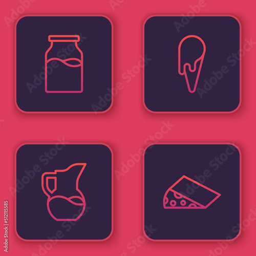 Set line Bottle with milk  Milk jug or pitcher  Ice cream in waffle cone and Cheese. Blue square button. Vector