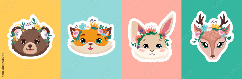 Cute animals with flower crowns poster set for baby shower invitations, template, birthday greeting cards, nursery flyers design. Vector cartoon illustration for children