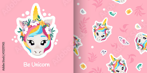 Cute baby Unicorn seamless pattern with roses crown, hand drawn flower background. Vector cartoon illustration for nursery, poster, birthday greeting cards, baby shower, textile fabric