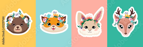 Cute animals with flower crowns poster set for baby shower invitations, template, birthday greeting cards, nursery flyers design. Vector cartoon illustration for children