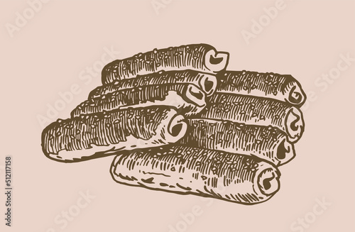Vector vintage sausages in dought , fast food	on sepia background
