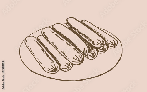 Vector vintage  sausages on the plate isolated on sepia background, fast food	
