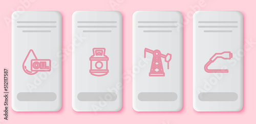 Set line Oil drop, Propane gas tank, pump or pump jack and Electrical cable plug charging. White rectangle button. Vector