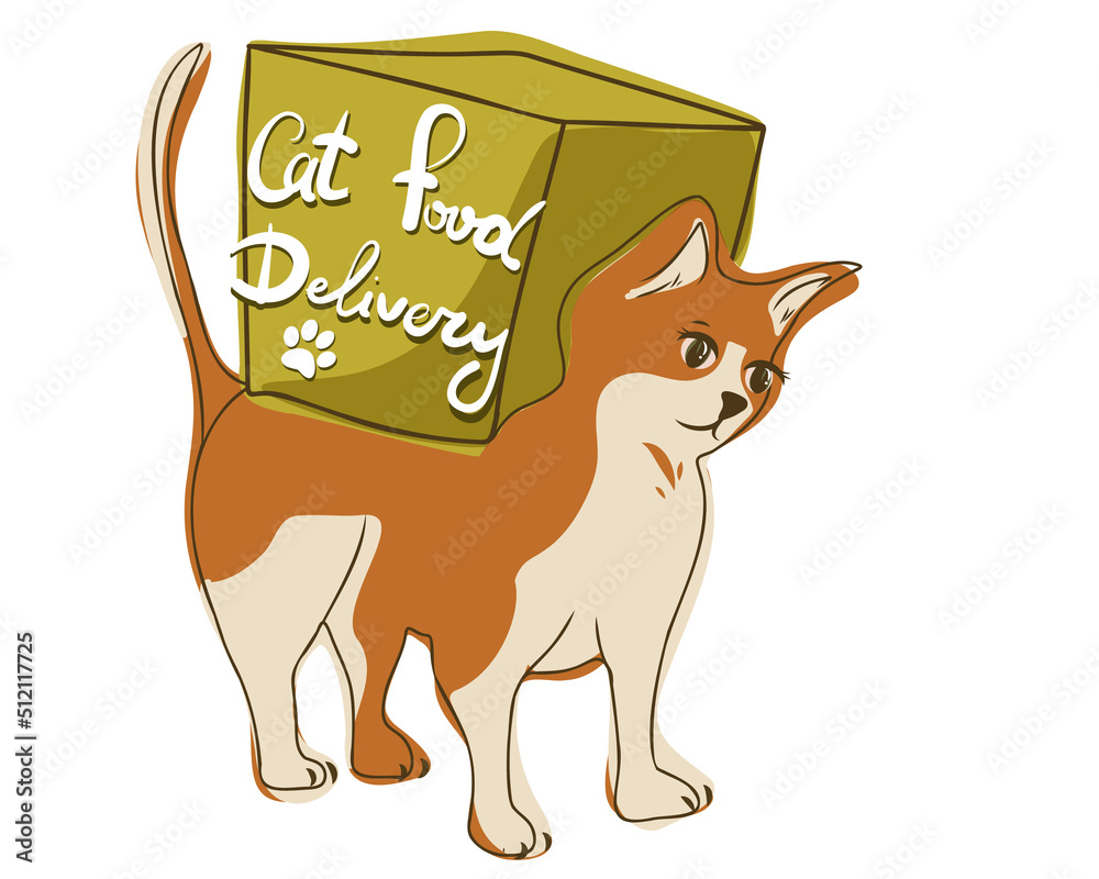 Cartoon red cat with a box on his back. Delivery of cat food. Vector