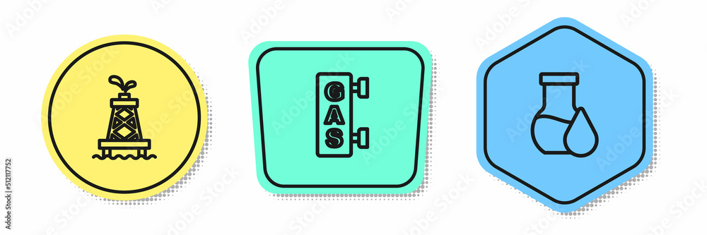 Set line Oil rig, Gas filling station and petrol test tube. Colored shapes. Vector Set line Oil rig, Gas filling station and petrol test tube. Colored shapes. Vector