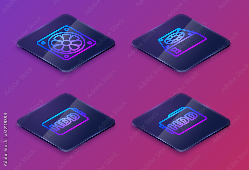 Set Isometric line Computer cooler, Hard disk drive HDD, and . Blue square button. Vector Set Isometric line Computer cooler, Hard disk drive HDD, and . Blue square button. Vector