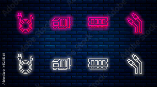 Set line Video graphic card, RAM, random access memory, Electric plug and LAN cable network internet. Glowing neon icon on brick wall. Vector
