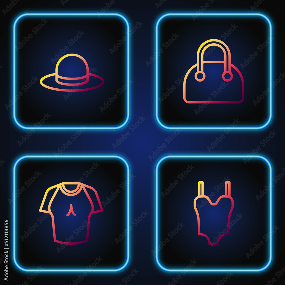 Set line Swimsuit, T-shirt, Man hat and Handbag. Gradient color icons. Vector Set line Swimsuit, T-shirt, Man hat and Handbag. Gradient color icons. Vector