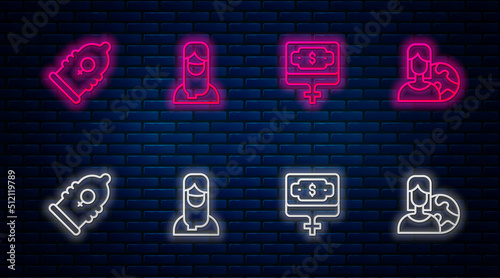 Set line Muslim woman in hijab, Money growth, Condom and Women from different countries. Glowing neon icon on brick wall. Vector