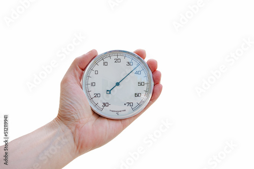A hand holding thermometer. cut out, Hand of a woman isolated on white background, measuring temperature. heat wave and climate change concept