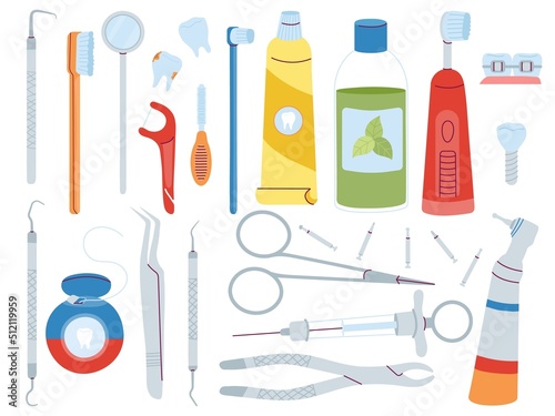 Stomatology tools. Dentist objects, toothbrush and dental surgery equipments. Oral orthodontic medicine instrument and floss. Decent medical vector set