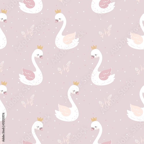 Cartoon cute swan print. Swans princess on pink seamless pattern. Girl fabric design, baby nursery texture with cartoon birds. Animal in crown nowaday vector background