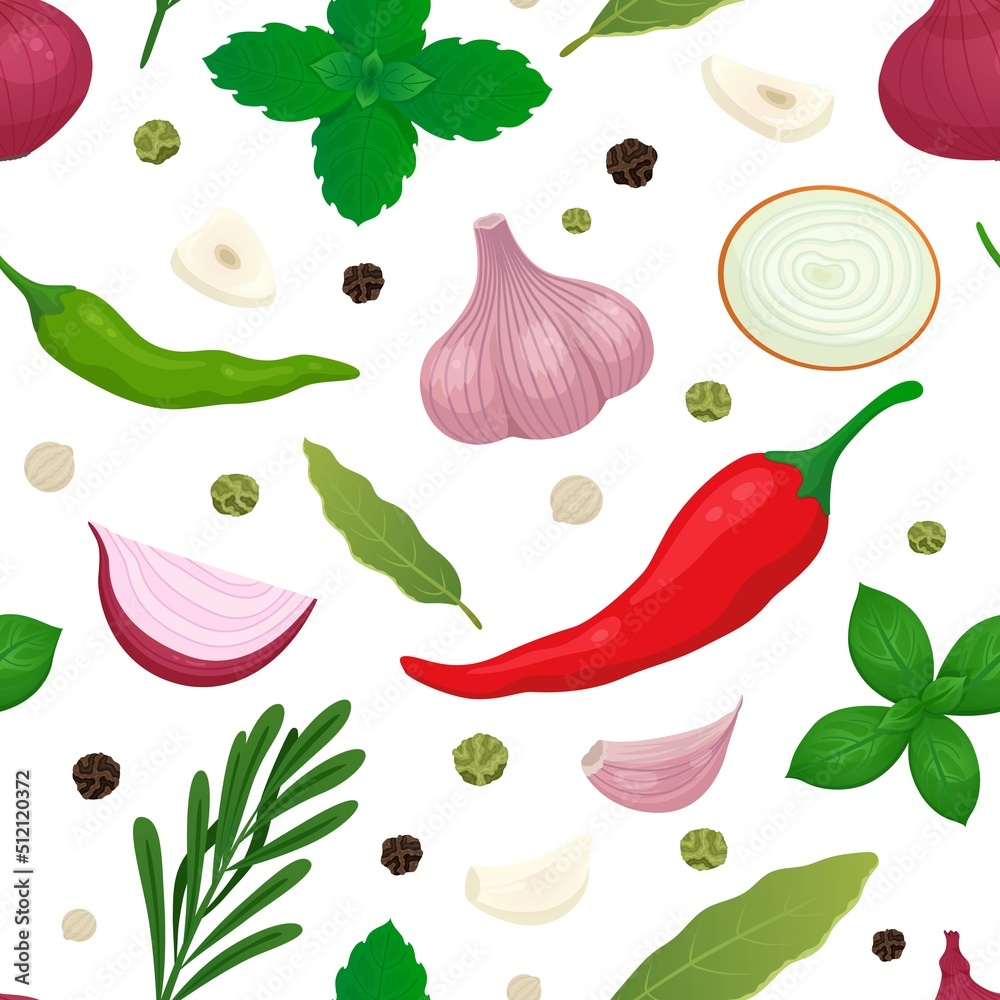 Culinary spice seamless pattern. Cartoon onion, chili peppers and garlic. Fresh basil, green rosemary, slices onions. Kitchen bright racy vector print Culinary spice seamless pattern. Cartoon onion, chili peppers and garlic. Fresh basil, green rosemary, slices onions. Kitchen bright racy vector print