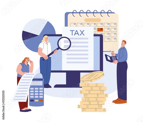 Accounting concept. Tax account and financial application. People count money, business and bills. Young business, job audit inspection kicky vector scene