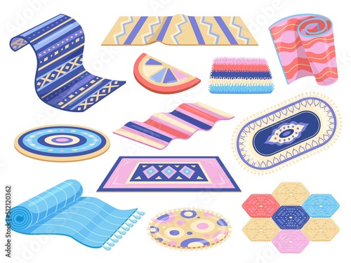 Isolated cartoon carpets. Colorful carpet and mat, decorative flying rug set. Interior flat mats, yoga tools. Textile picnic accessories, racy home decor vector kit