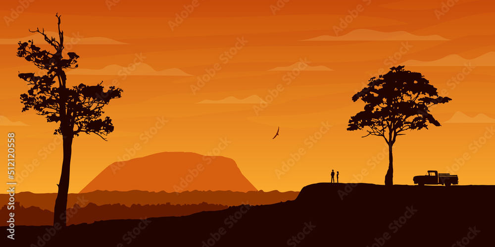 Two People Enjoy Sunset And View Of Mount Uluru In Australia Wide Realistic Vector Illustration