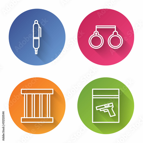 Set line Pen, Handcuffs, Prison window and Evidence bag and pistol or gun. Color circle button. Vector