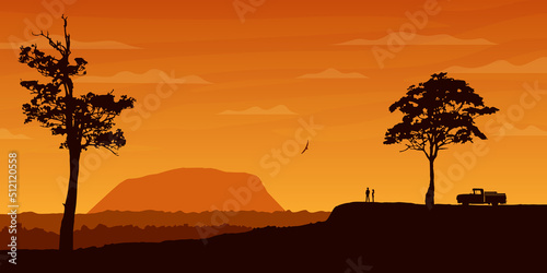 Two people enjoy sunset and view of Mount Uluru in Australia. Wide realistic vector illustration of skyline silhouette mountain landscape © OWLISKO DESIGN