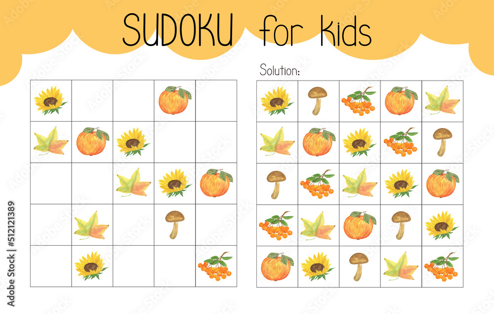Sudoku educational game or leisure activity worksheet watercolor illustration, printable grid to fill in missing images, autumn topical vocabulary, puzzle with its solution, teachers resources