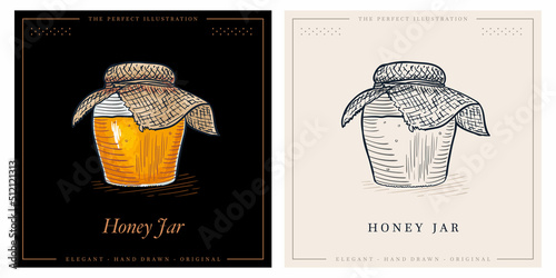 Bee honey in glass jar with linen vintage retro