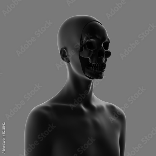 Abstract black and white concept illustration from 3D rendering of skull face female bust figure in grey tones and isolated on background.