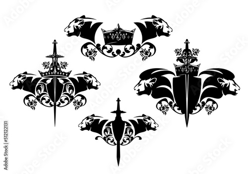Fotografi lion and lioness heads with heraldic shield, king crown, rose flowers and knight