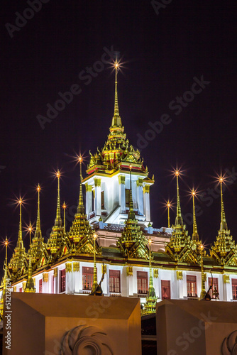 Night scene of Loha Prasat at Wat Ratchanaddaram Woravihara in Phra Nakhon district,Bangkok,Thailand. Also called the 'Metal Castle' 