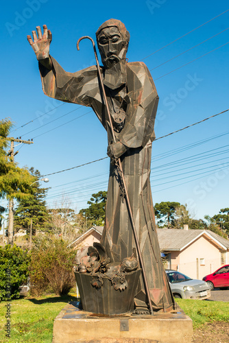 Sao Francisco de Paula, Brazil - Circa June 2022: Monument of Sao Francisco de Paula (St Francis of Paola) made of metal parts, located near the main church