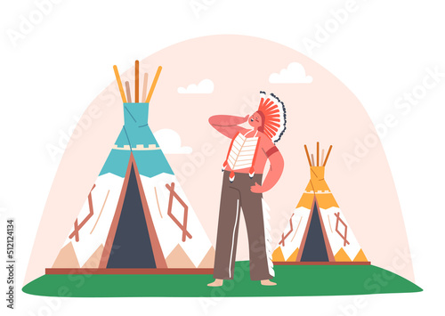 Roleplay Games for Kids, Summer Camp Activities and Historical Reenactment. Child Wear Aboriginal American Indian