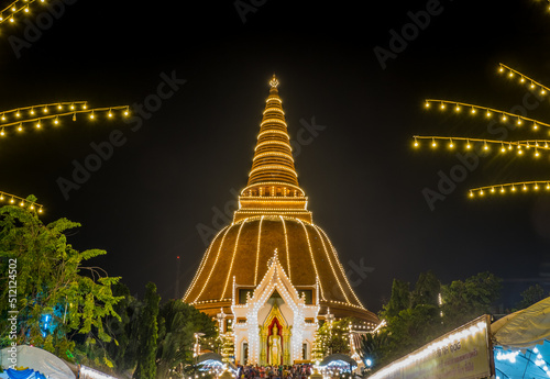 Phra Pathom Chedi Festival,Nakhon Pathom,Thailand on November20,2018:Light up Phra Pathom Chedi.The beautiful Lanka-style bell-shaped Chedi.The biggest chedi in Thailand.