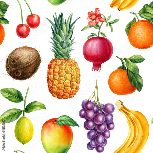 Fototapeta Naklejka Na Ścianę i Meble -  Seamless pattern, ripe watercolor fruits, orange, lemons, banana, coconut, sweet cherry and pineapple