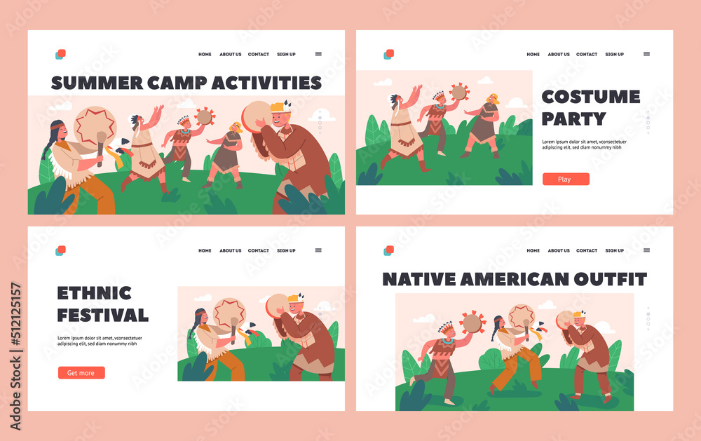 Kids in Native Indian Costumes Landing Page Template Set. Characters Playing American Indians on Green Field
