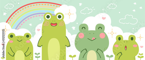 Cute frog cartoon character illustrations set in flat design on the background with the rainbow